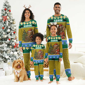 Gabon Christmas Pajama Set Pixel Art Elephant Santa Christmas Tree and Flag - African Pride