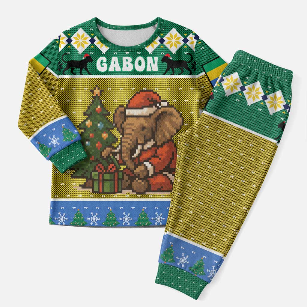 Gabon Christmas Pajama Set Pixel Art Elephant Santa Christmas Tree and Flag - African Pride