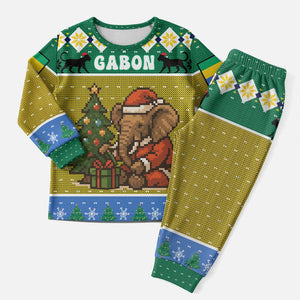Gabon Christmas Pajama Set Pixel Art Elephant Santa Christmas Tree and Flag - African Pride