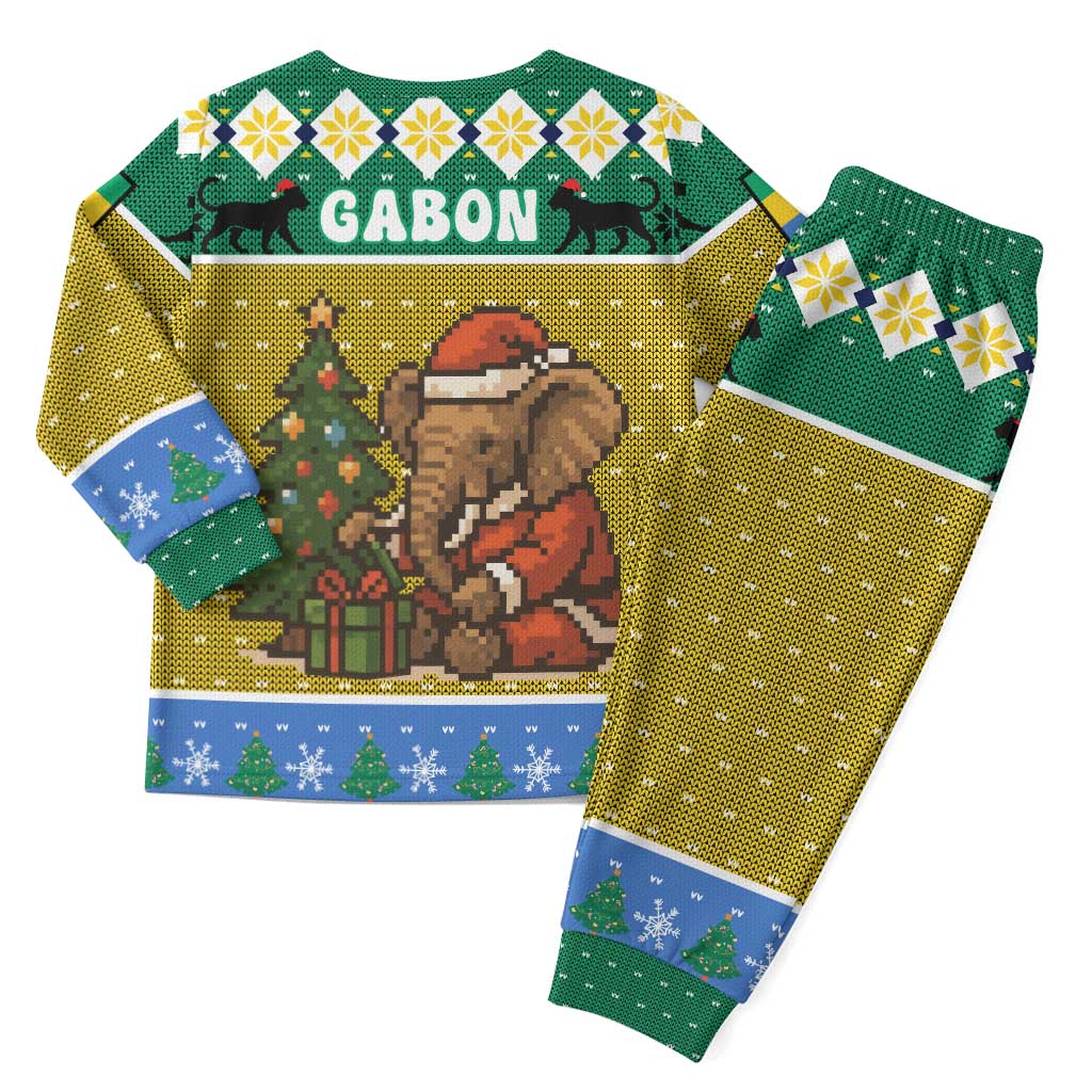 Gabon Christmas Pajama Set Pixel Art Elephant Santa Christmas Tree and Flag - African Pride