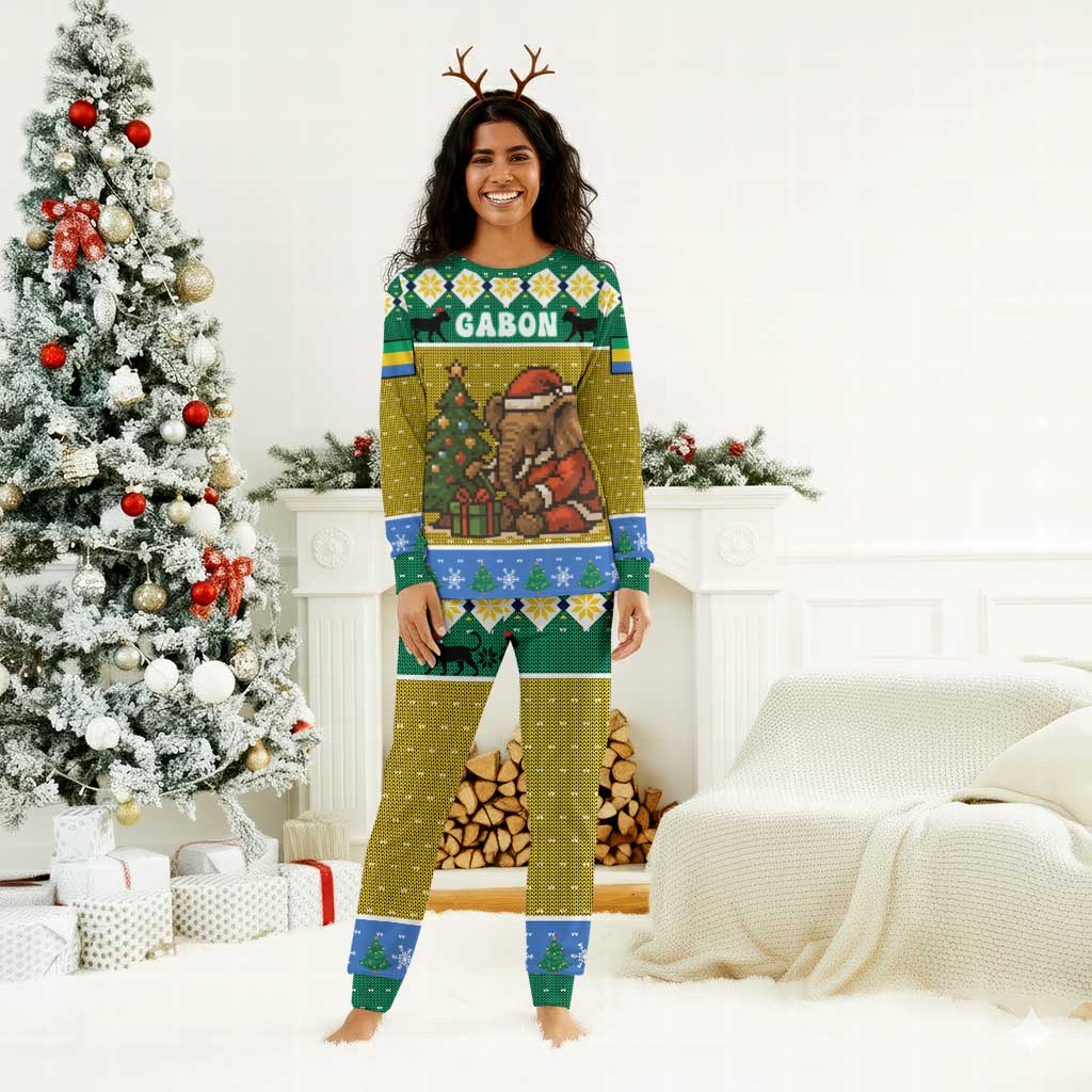 Gabon Christmas Pajama Set Pixel Art Elephant Santa Christmas Tree and Flag - African Pride