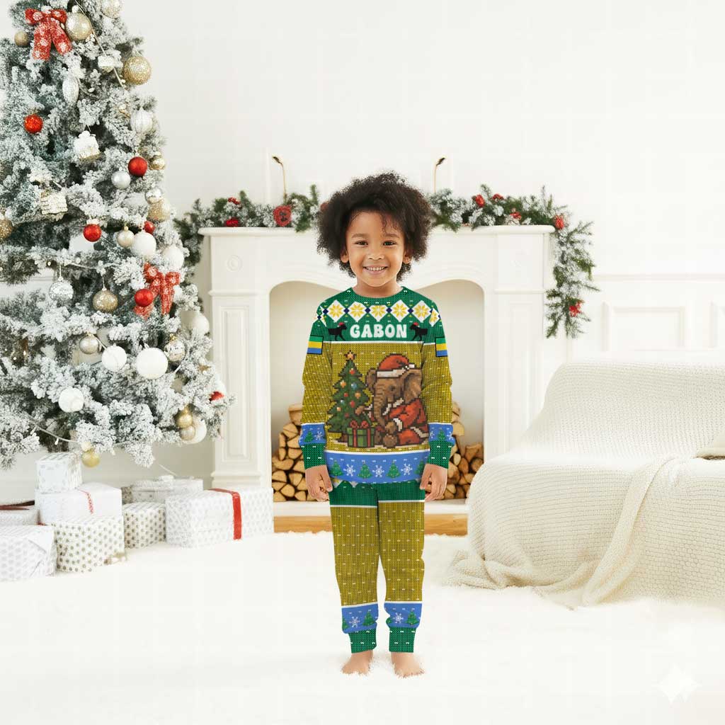 Gabon Christmas Pajama Set Pixel Art Elephant Santa Christmas Tree and Flag - African Pride
