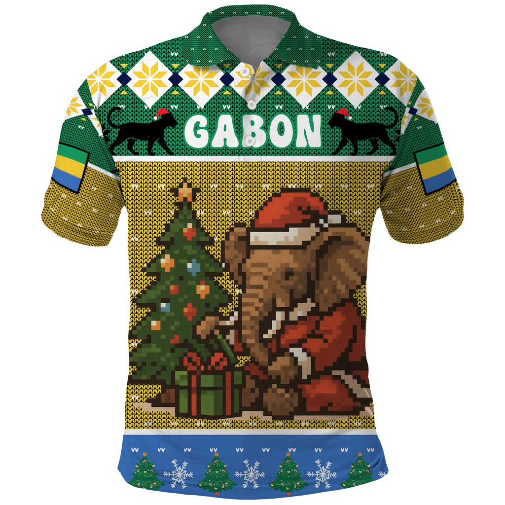 Gabon Christmas Polo Shirt Pixel Art Elephant Santa Christmas Tree and Flag - African Pride