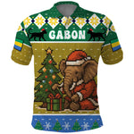 Gabon Christmas Polo Shirt Pixel Art Elephant Santa Christmas Tree and Flag - African Pride