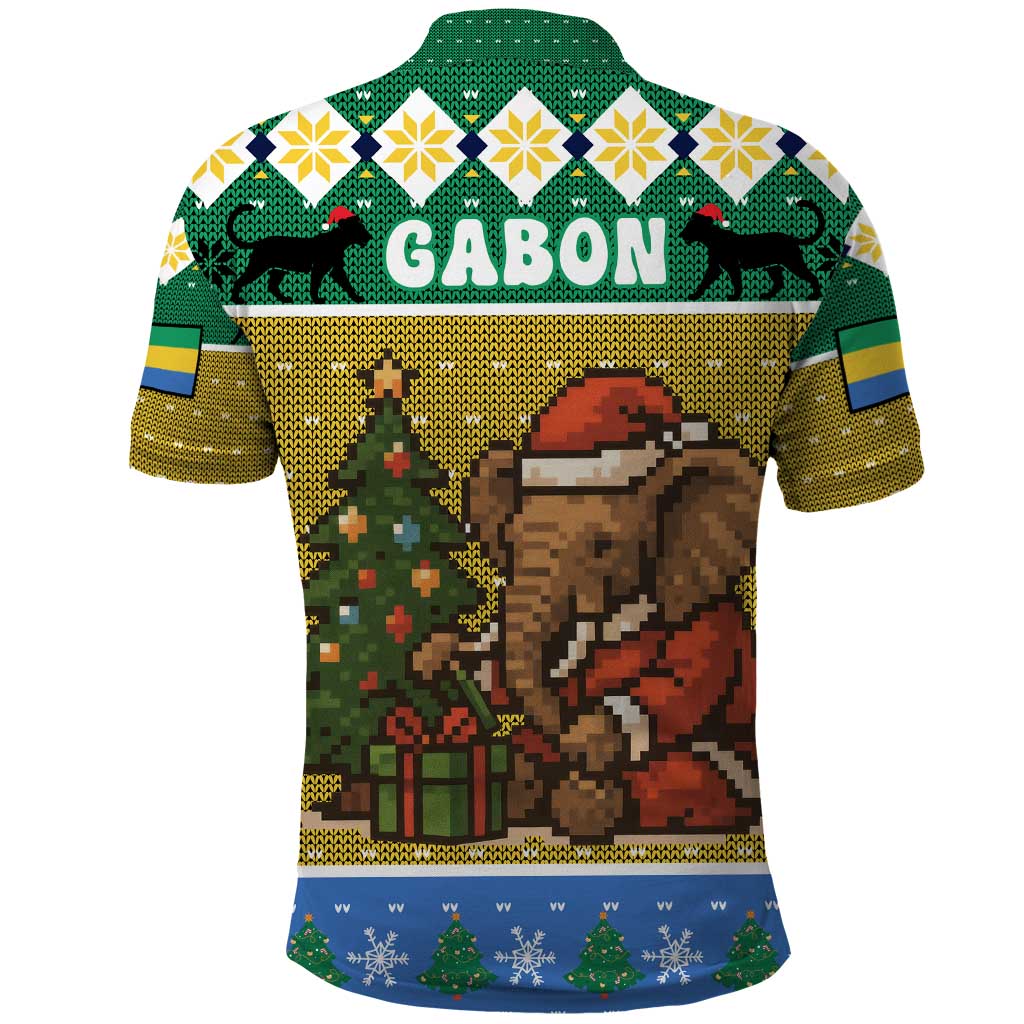 Gabon Christmas Polo Shirt Pixel Art Elephant Santa Christmas Tree and Flag - African Pride