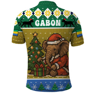 Gabon Christmas Polo Shirt Pixel Art Elephant Santa Christmas Tree and Flag - African Pride