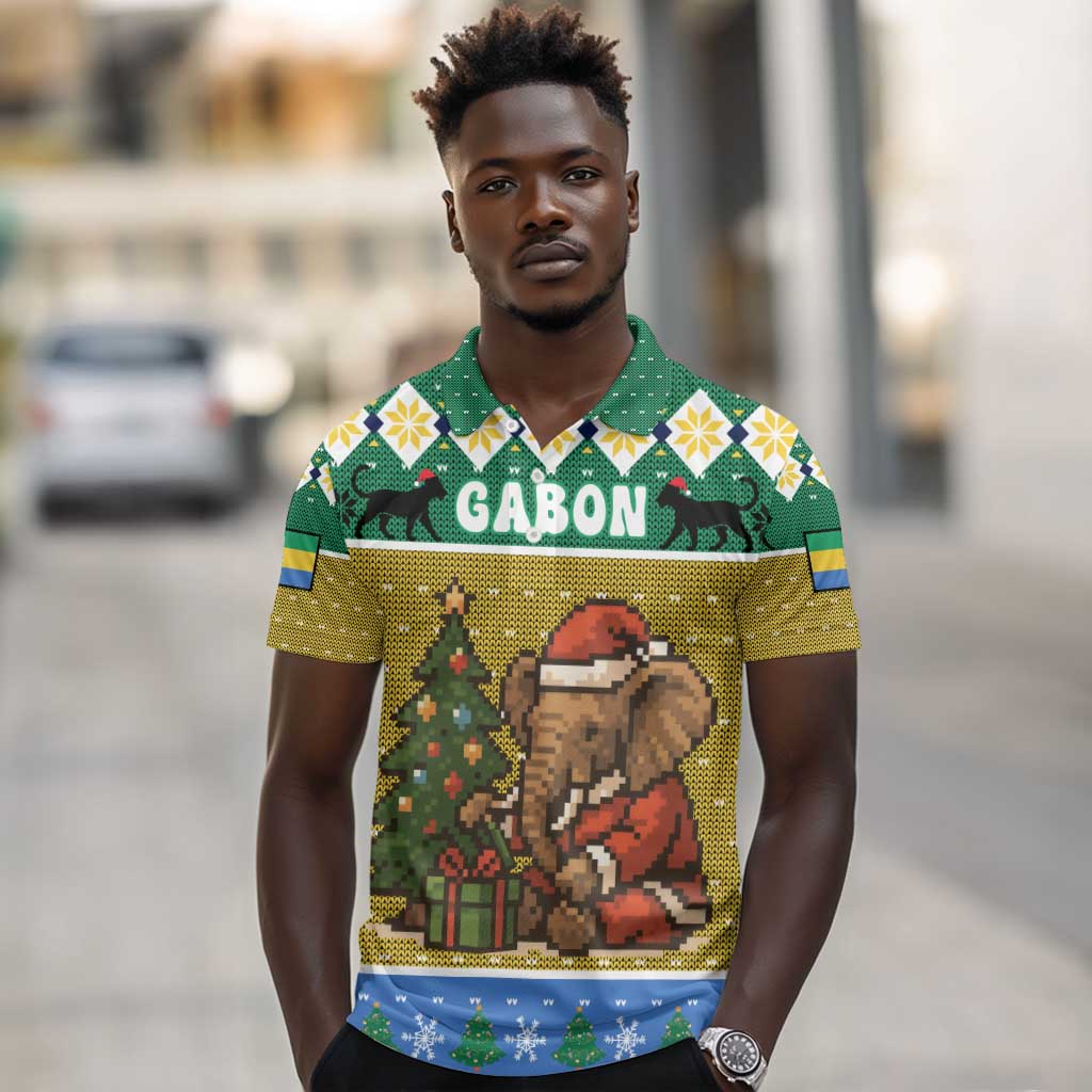 Gabon Christmas Polo Shirt Pixel Art Elephant Santa Christmas Tree and Flag - African Pride