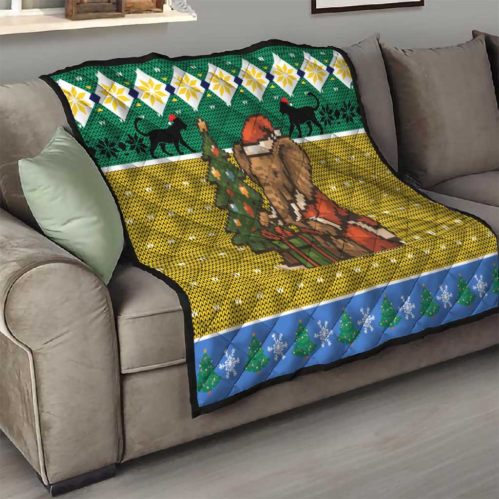 Gabon Christmas Quilt Pixel Art Elephant Santa Christmas Tree and Flag - African Pride
