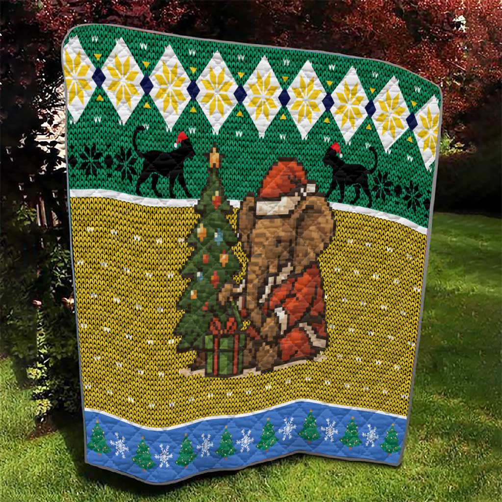 Gabon Christmas Quilt Pixel Art Elephant Santa Christmas Tree and Flag - African Pride