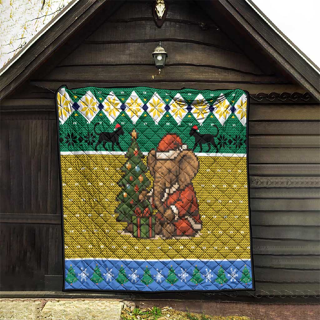 Gabon Christmas Quilt Pixel Art Elephant Santa Christmas Tree and Flag - African Pride