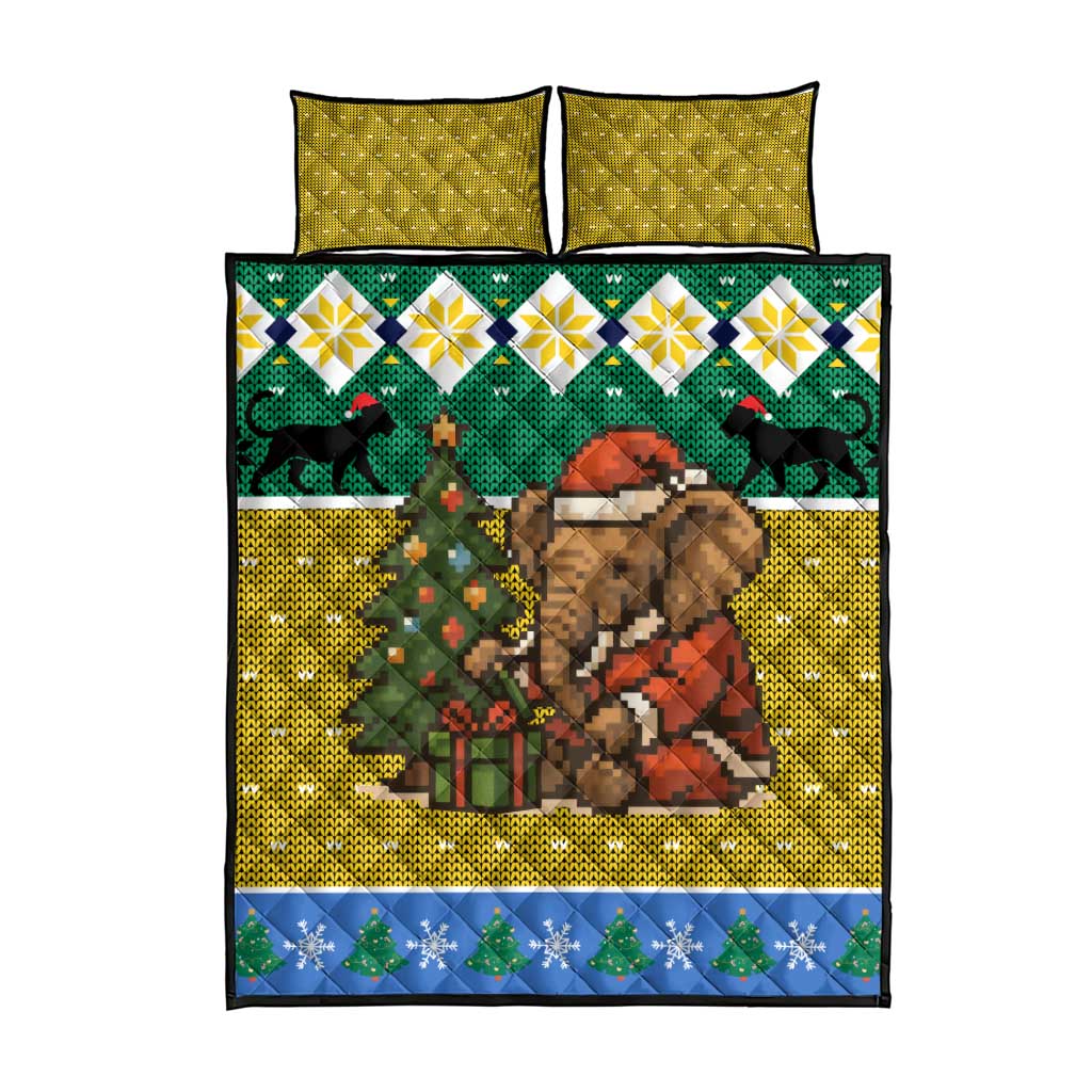 Gabon Christmas Quilt Bed Set Pixel Art Elephant Santa Christmas Tree and Flag - African Pride
