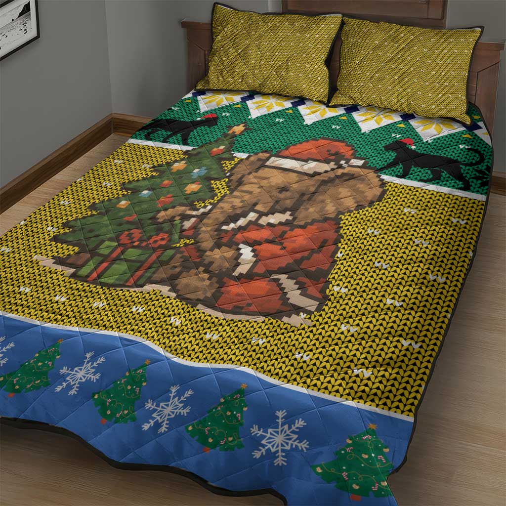 Gabon Christmas Quilt Bed Set Pixel Art Elephant Santa Christmas Tree and Flag - African Pride