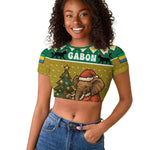 Gabon Christmas Raglan Cropped T shirt Pixel Art Elephant Santa Christmas Tree and Flag - African Pride