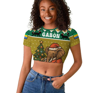 Gabon Christmas Raglan Cropped T shirt Pixel Art Elephant Santa Christmas Tree and Flag - African Pride