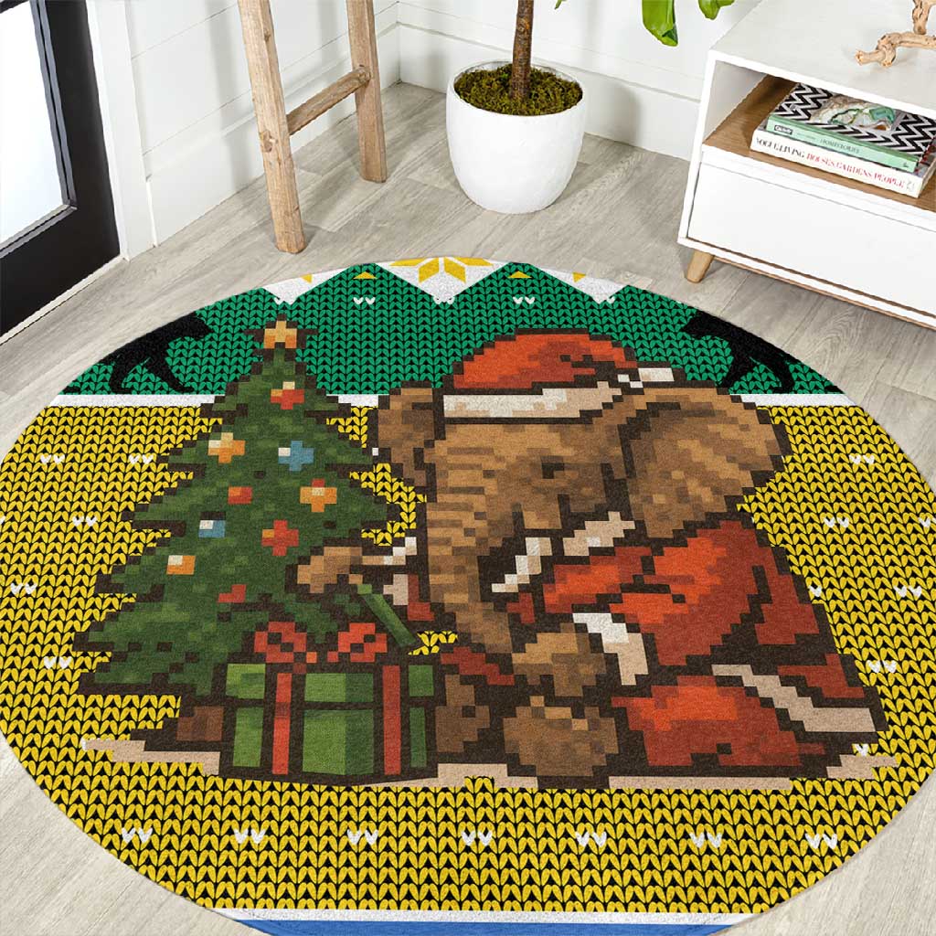 Gabon Christmas Round Carpet Pixel Art Elephant Santa Christmas Tree and Flag - African Pride