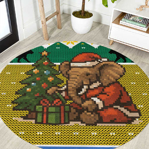 Gabon Christmas Round Carpet Pixel Art Elephant Santa Christmas Tree and Flag - African Pride