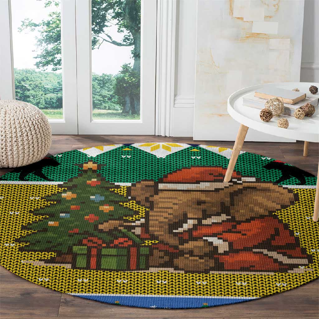 Gabon Christmas Round Carpet Pixel Art Elephant Santa Christmas Tree and Flag - African Pride