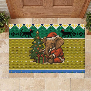 Gabon Christmas Rubber Doormat Pixel Art Elephant Santa Christmas Tree and Flag - African Pride
