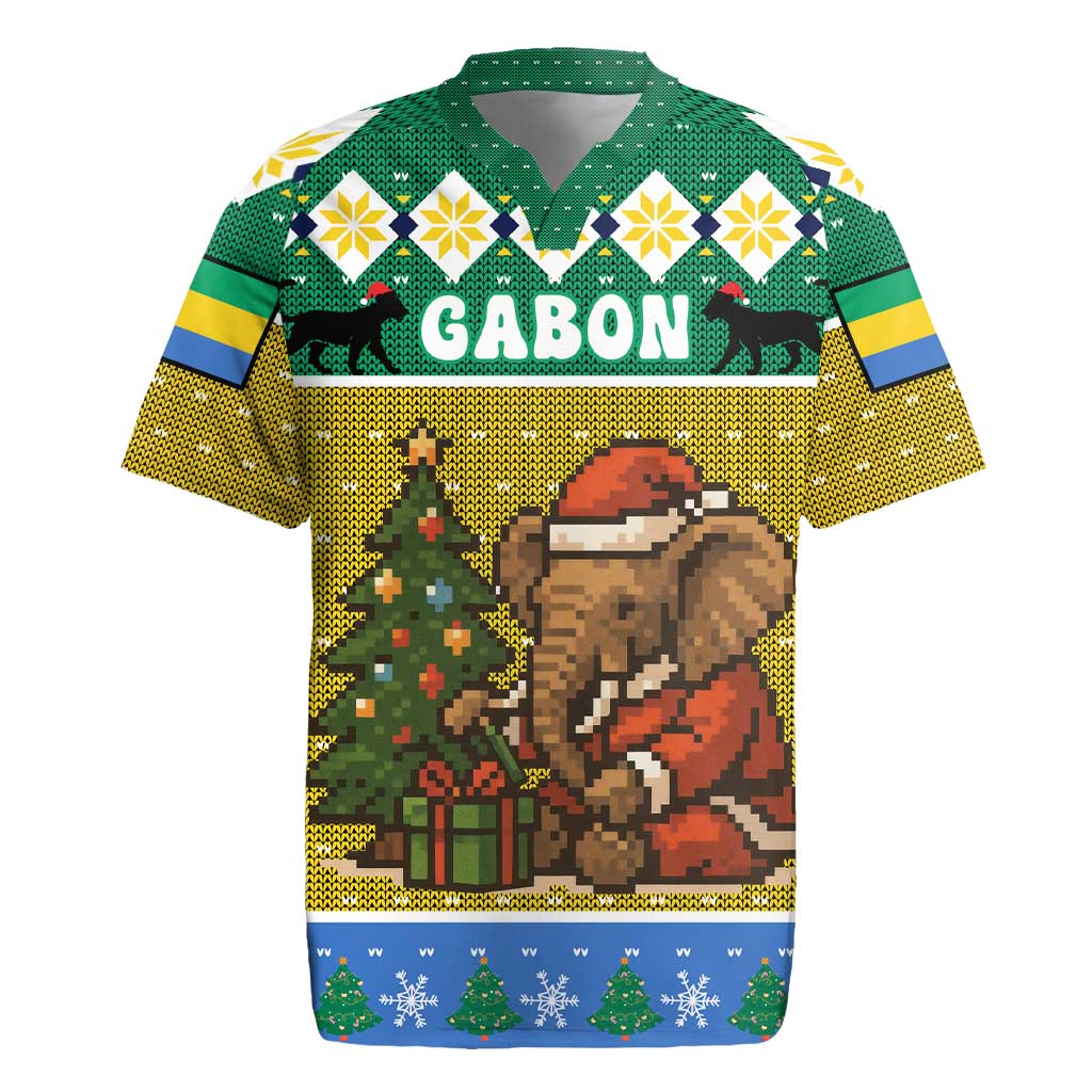 Gabon Christmas Rugby Jersey Pixel Art Elephant Santa Christmas Tree and Flag - African Pride