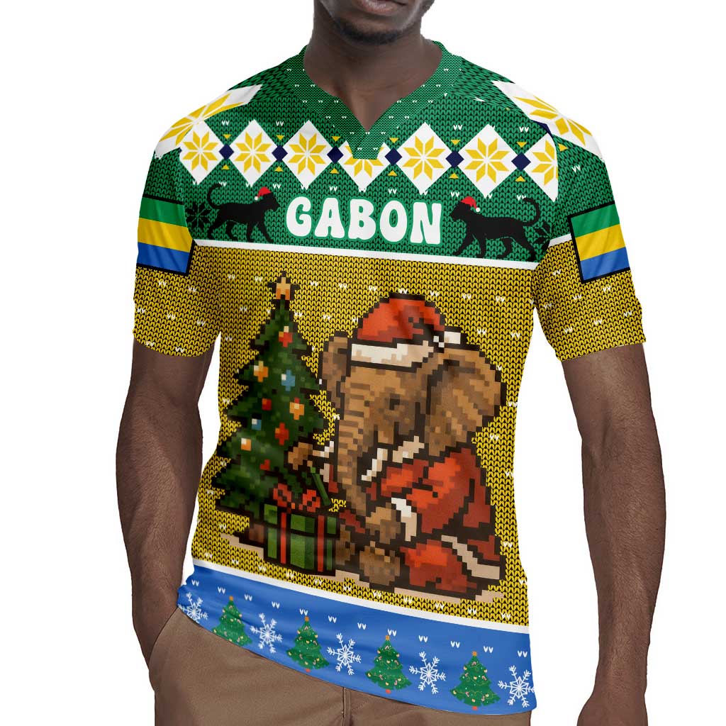 Gabon Christmas Rugby Jersey Pixel Art Elephant Santa Christmas Tree and Flag - African Pride