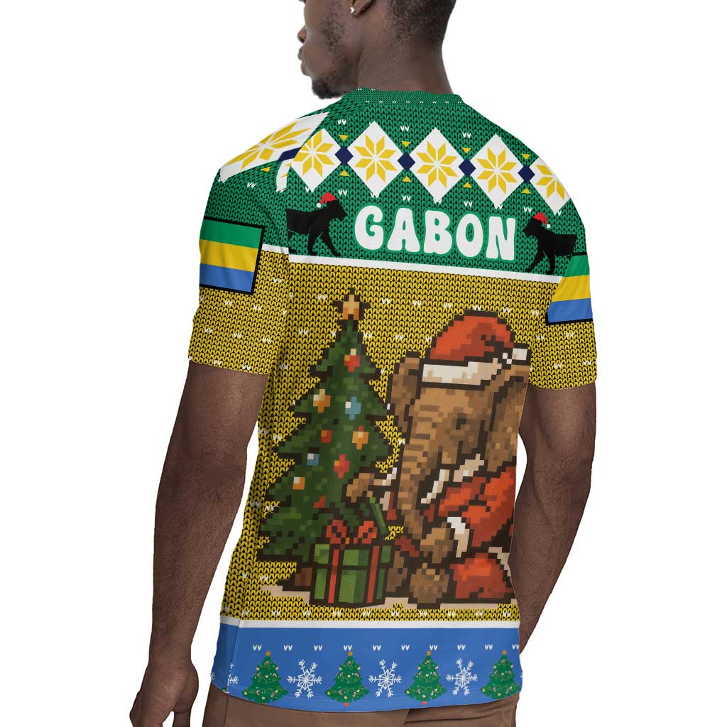 Gabon Christmas Rugby Jersey Pixel Art Elephant Santa Christmas Tree and Flag - African Pride