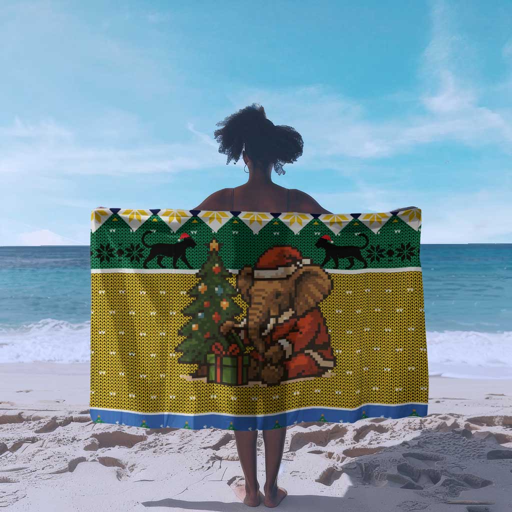 Gabon Christmas Sarong Pixel Art Elephant Santa Christmas Tree and Flag - African Pride