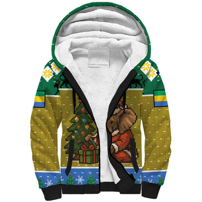 Gabon Christmas Sherpa Hoodie Pixel Art Elephant Santa Christmas Tree and Flag - African Pride