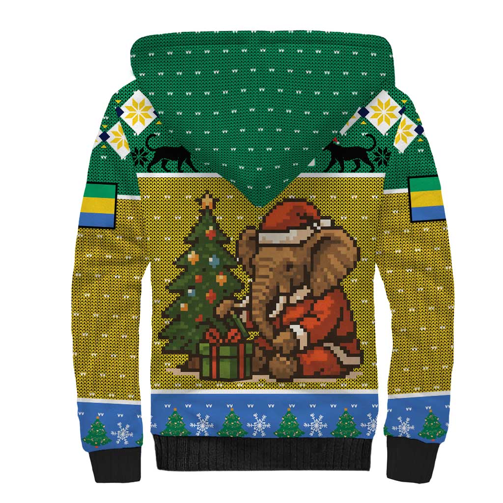 Gabon Christmas Sherpa Hoodie Pixel Art Elephant Santa Christmas Tree and Flag - African Pride