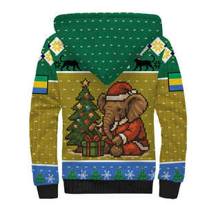 Gabon Christmas Sherpa Hoodie Pixel Art Elephant Santa Christmas Tree and Flag - African Pride