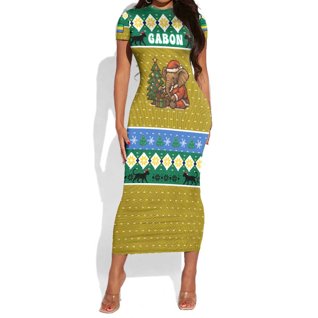 Gabon Christmas Short Sleeve Bodycon Dress Pixel Art Elephant Santa Christmas Tree and Flag - African Pride