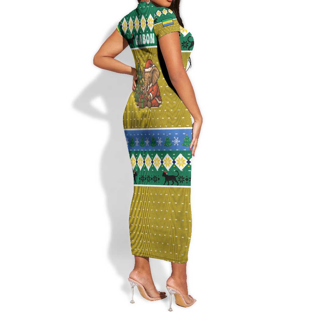Gabon Christmas Short Sleeve Bodycon Dress Pixel Art Elephant Santa Christmas Tree and Flag - African Pride