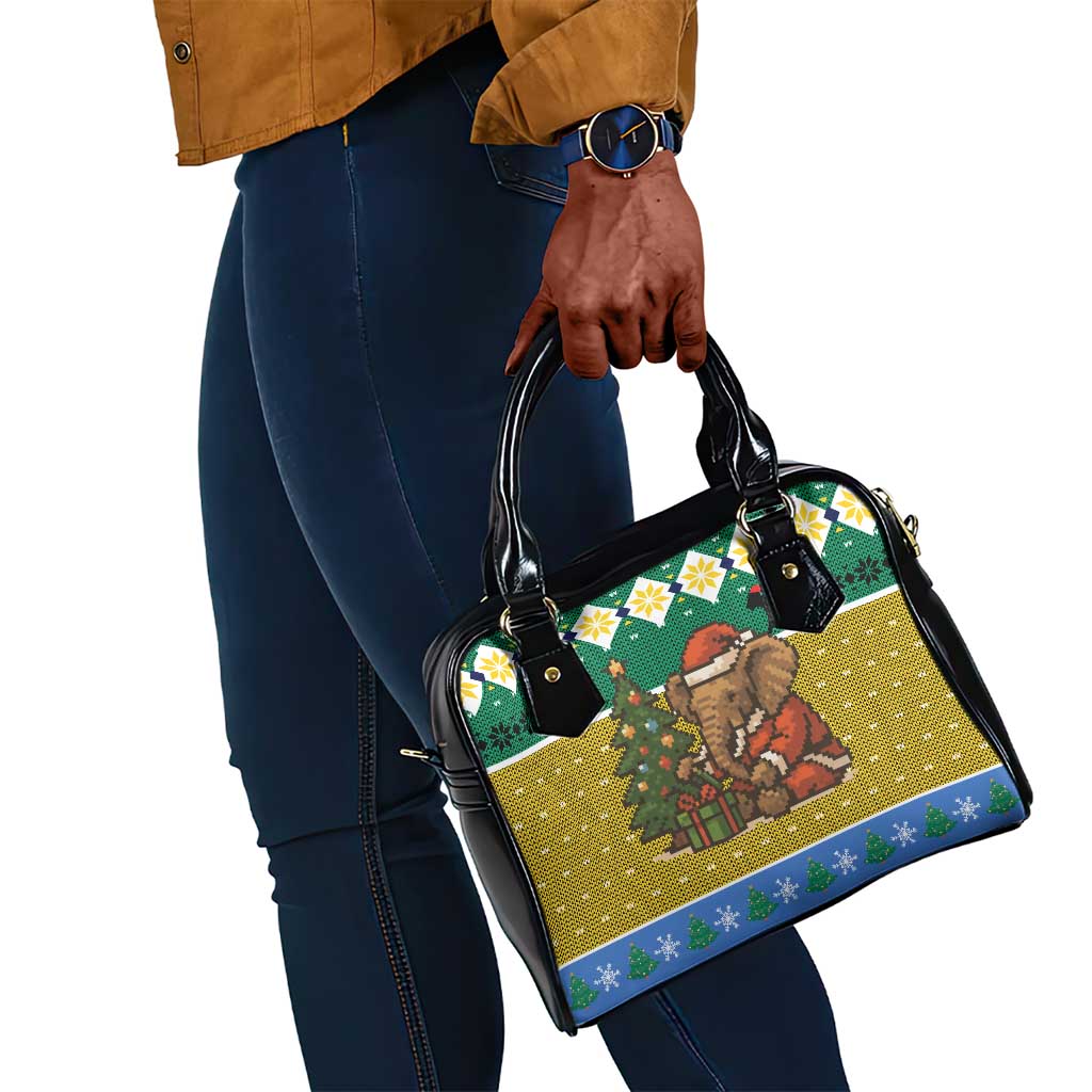 Gabon Christmas Shoulder Handbag Pixel Art Elephant Santa Christmas Tree and Flag - African Pride