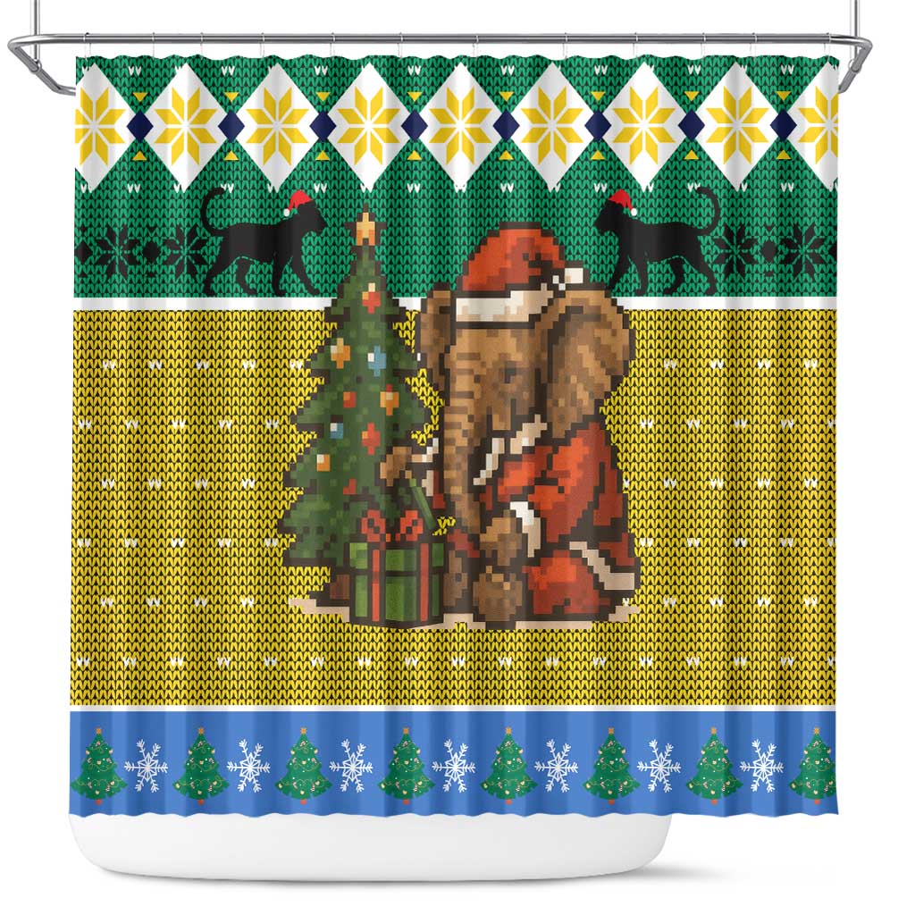Gabon Christmas Shower Curtain Pixel Art Elephant Santa Christmas Tree and Flag - African Pride