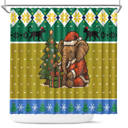 Gabon Christmas Shower Curtain Pixel Art Elephant Santa Christmas Tree and Flag - African Pride