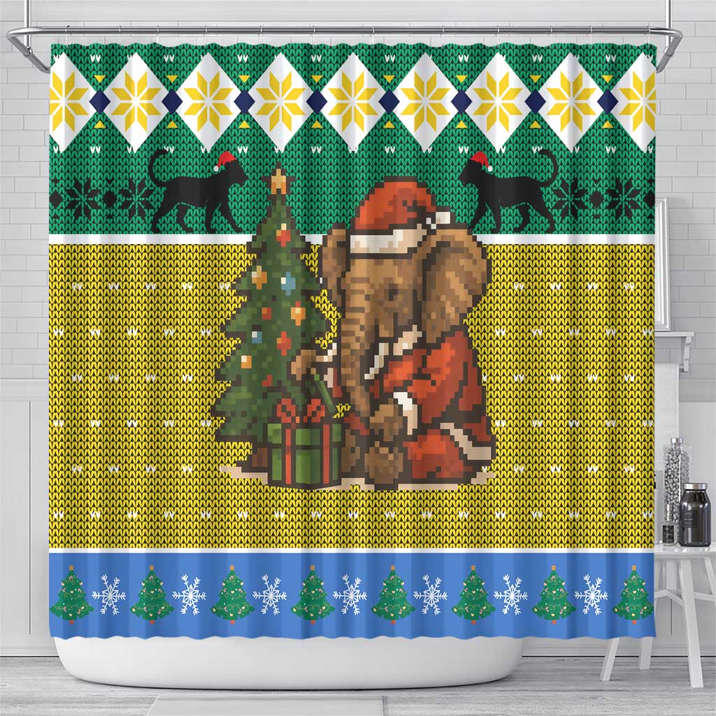 Gabon Christmas Shower Curtain Pixel Art Elephant Santa Christmas Tree and Flag - African Pride