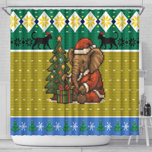 Gabon Christmas Shower Curtain Pixel Art Elephant Santa Christmas Tree and Flag - African Pride