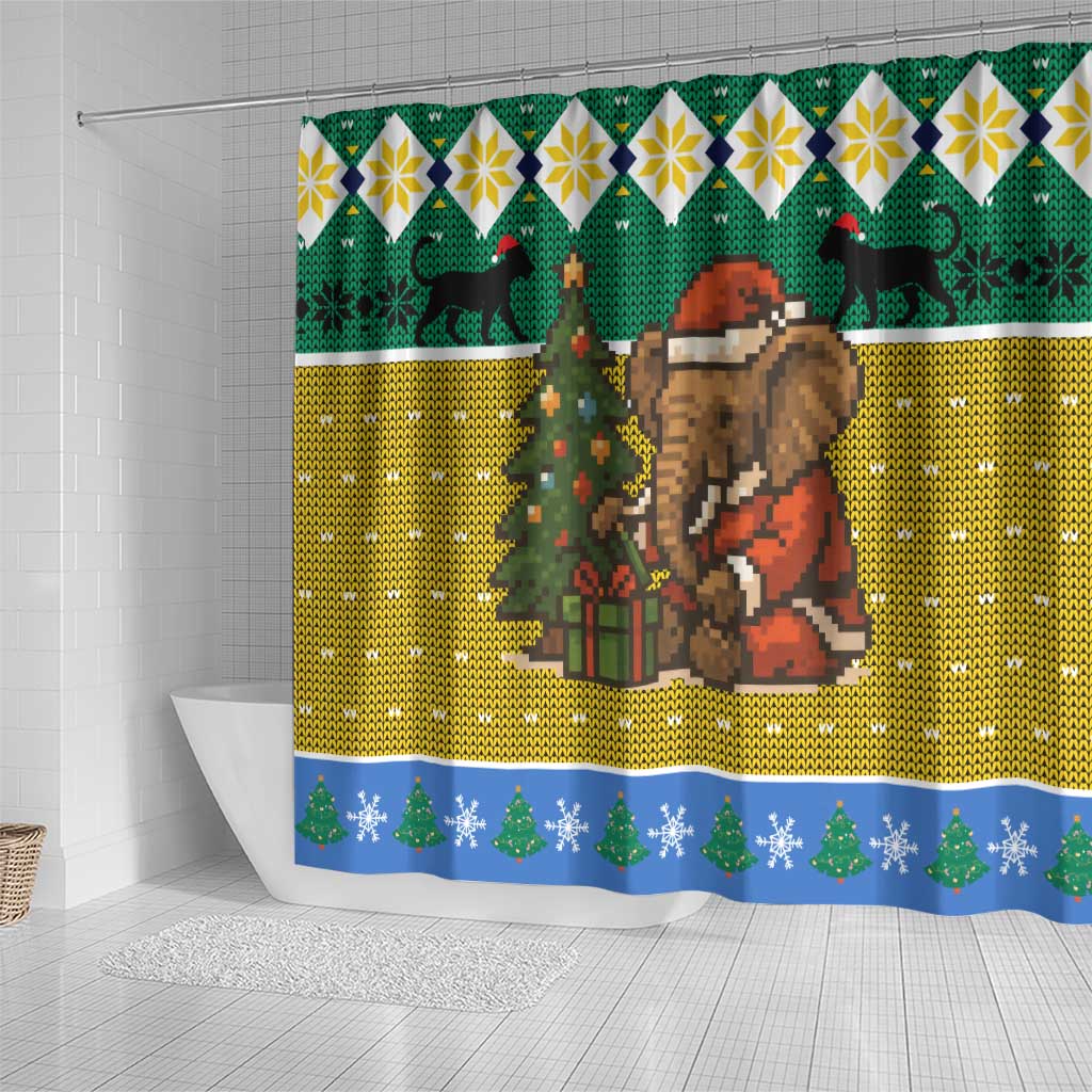 Gabon Christmas Shower Curtain Pixel Art Elephant Santa Christmas Tree and Flag - African Pride