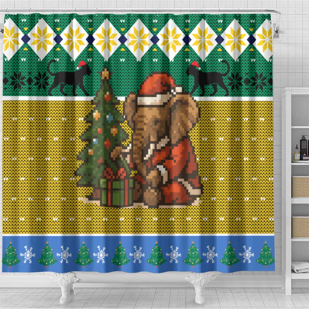 Gabon Christmas Shower Curtain Pixel Art Elephant Santa Christmas Tree and Flag - African Pride