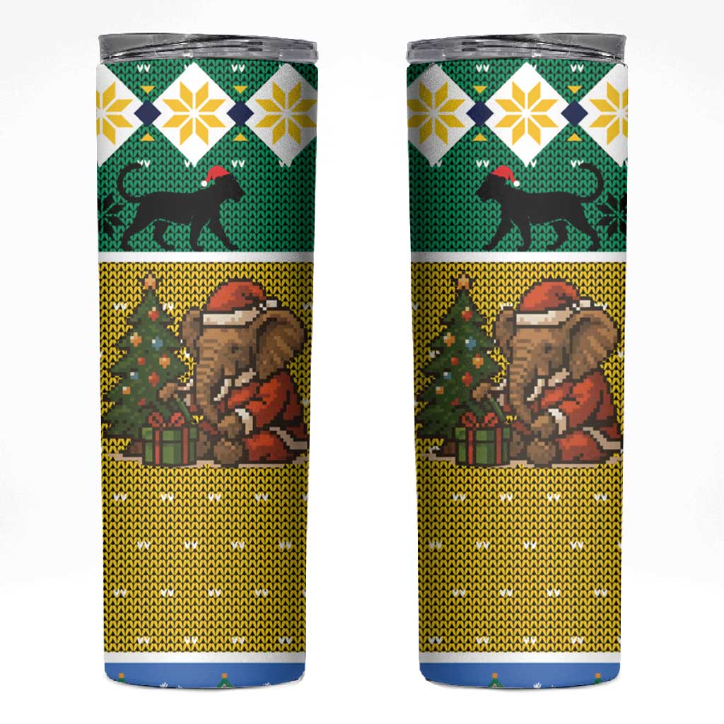 Gabon Christmas Skinny Tumbler Pixel Art Elephant Santa Christmas Tree and Flag - African Pride