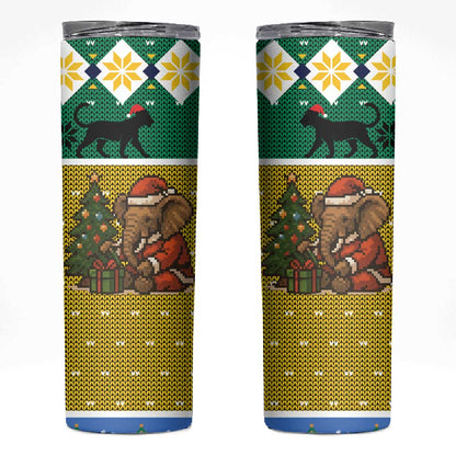 Gabon Christmas Skinny Tumbler Pixel Art Elephant Santa Christmas Tree and Flag - African Pride