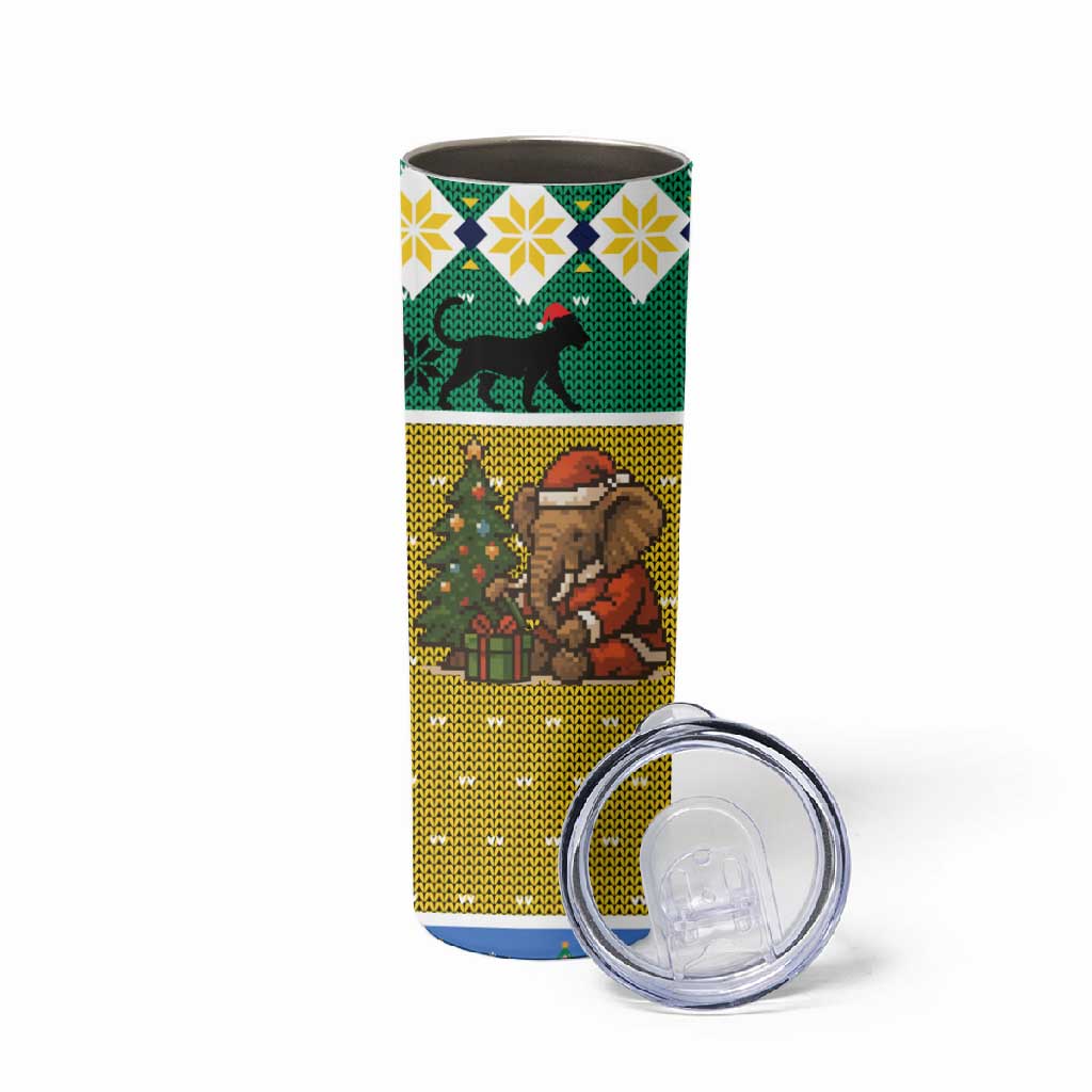 Gabon Christmas Skinny Tumbler Pixel Art Elephant Santa Christmas Tree and Flag - African Pride