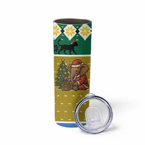 Gabon Christmas Skinny Tumbler Pixel Art Elephant Santa Christmas Tree and Flag - African Pride
