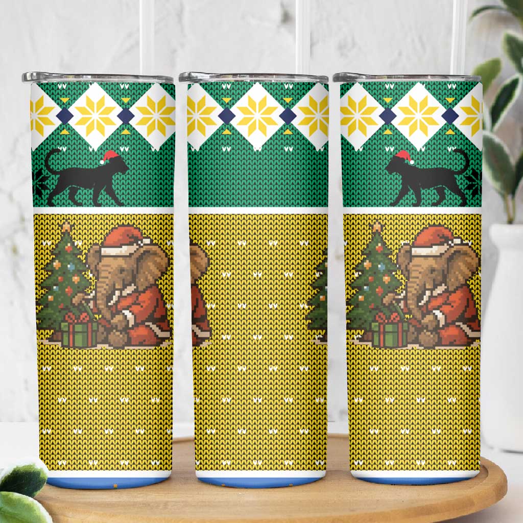 Gabon Christmas Skinny Tumbler Pixel Art Elephant Santa Christmas Tree and Flag - African Pride