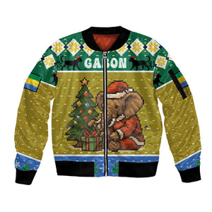 Gabon Christmas Sleeve Zip Bomber Jacket Pixel Art Elephant Santa Christmas Tree and Flag - African Pride