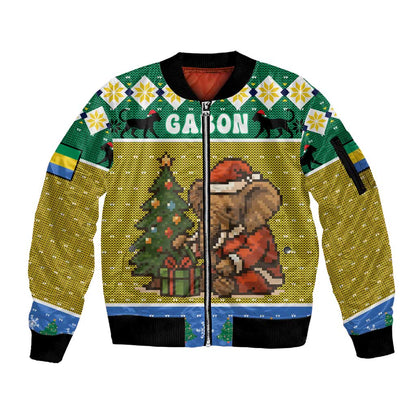 Gabon Christmas Sleeve Zip Bomber Jacket Pixel Art Elephant Santa Christmas Tree and Flag - African Pride