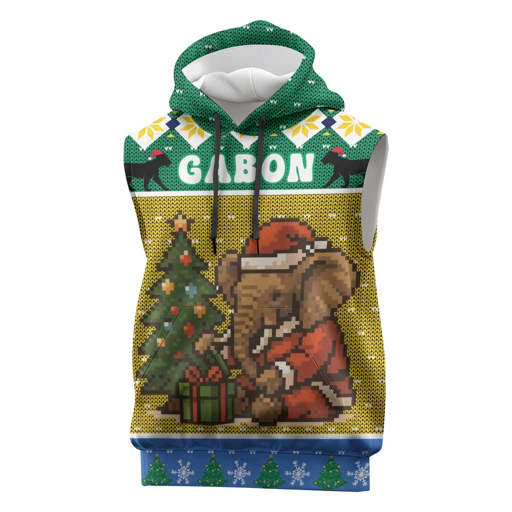 Gabon Christmas Sleeveless Hoodie Pixel Art Elephant Santa Christmas Tree and Flag - African Pride