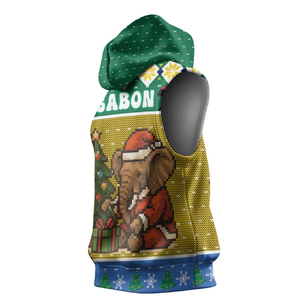 Gabon Christmas Sleeveless Hoodie Pixel Art Elephant Santa Christmas Tree and Flag - African Pride