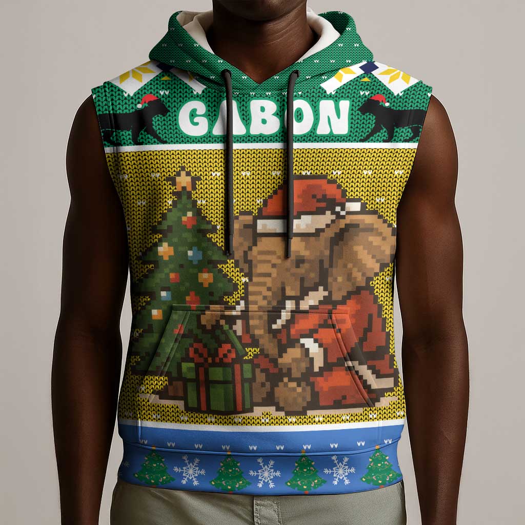 Gabon Christmas Sleeveless Hoodie Pixel Art Elephant Santa Christmas Tree and Flag - African Pride
