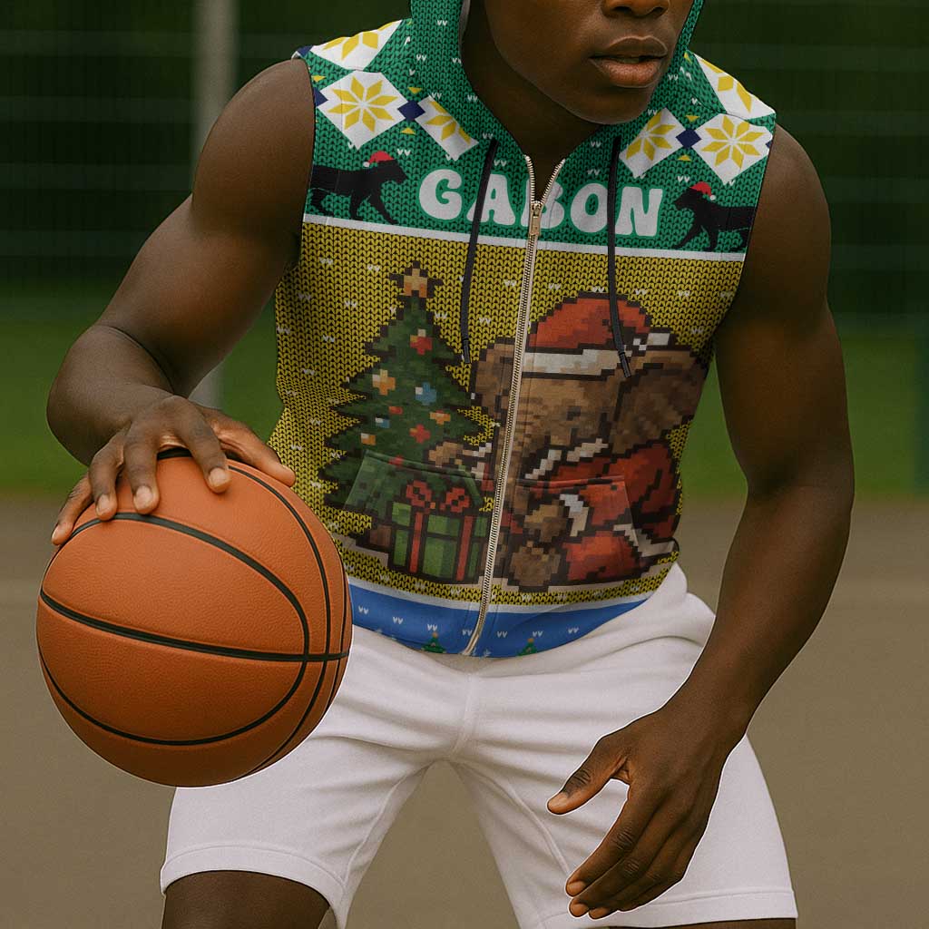 Gabon Christmas Sleeveless Zip Hoodie Pixel Art Elephant Santa Christmas Tree and Flag - African Pride
