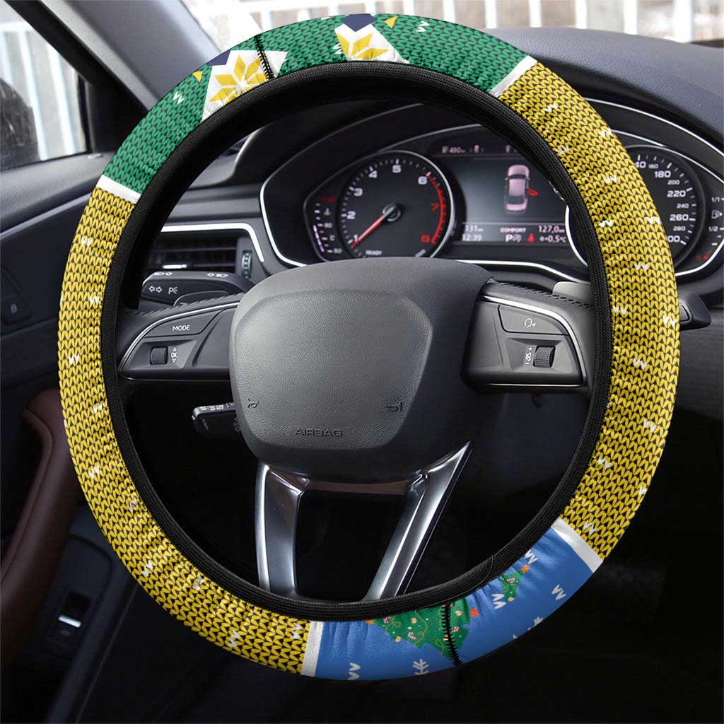 Gabon Christmas Steering Wheel Cover Pixel Art Elephant Santa Christmas Tree and Flag - African Pride